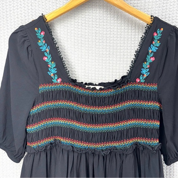 Savanna Jane Floral Embroidered Dress Black/Multicolor Peasant Boho Rainbow Sz S - Picture 2 of 9